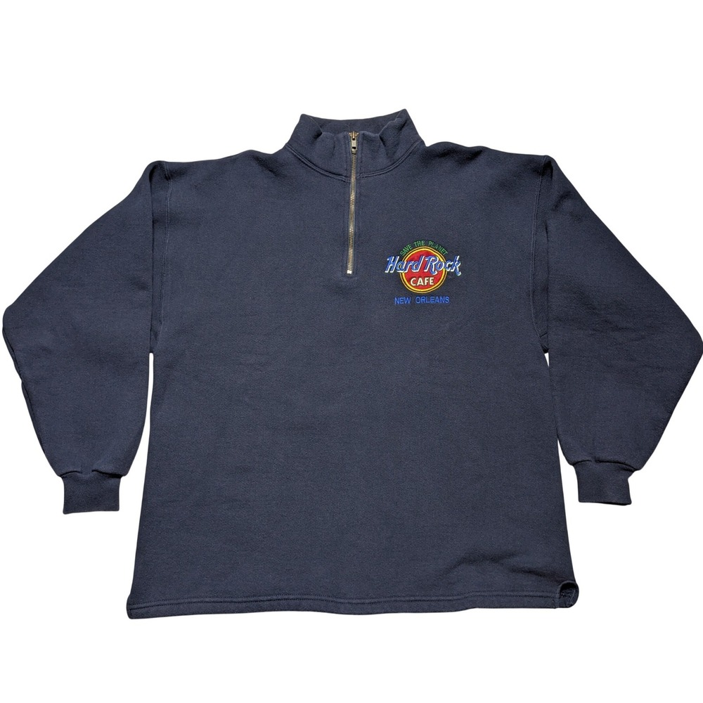 VTG 90s Hard Rock Cafe New Orleans 1/4 Zip Sweatshirt Blue Men Small Oversized